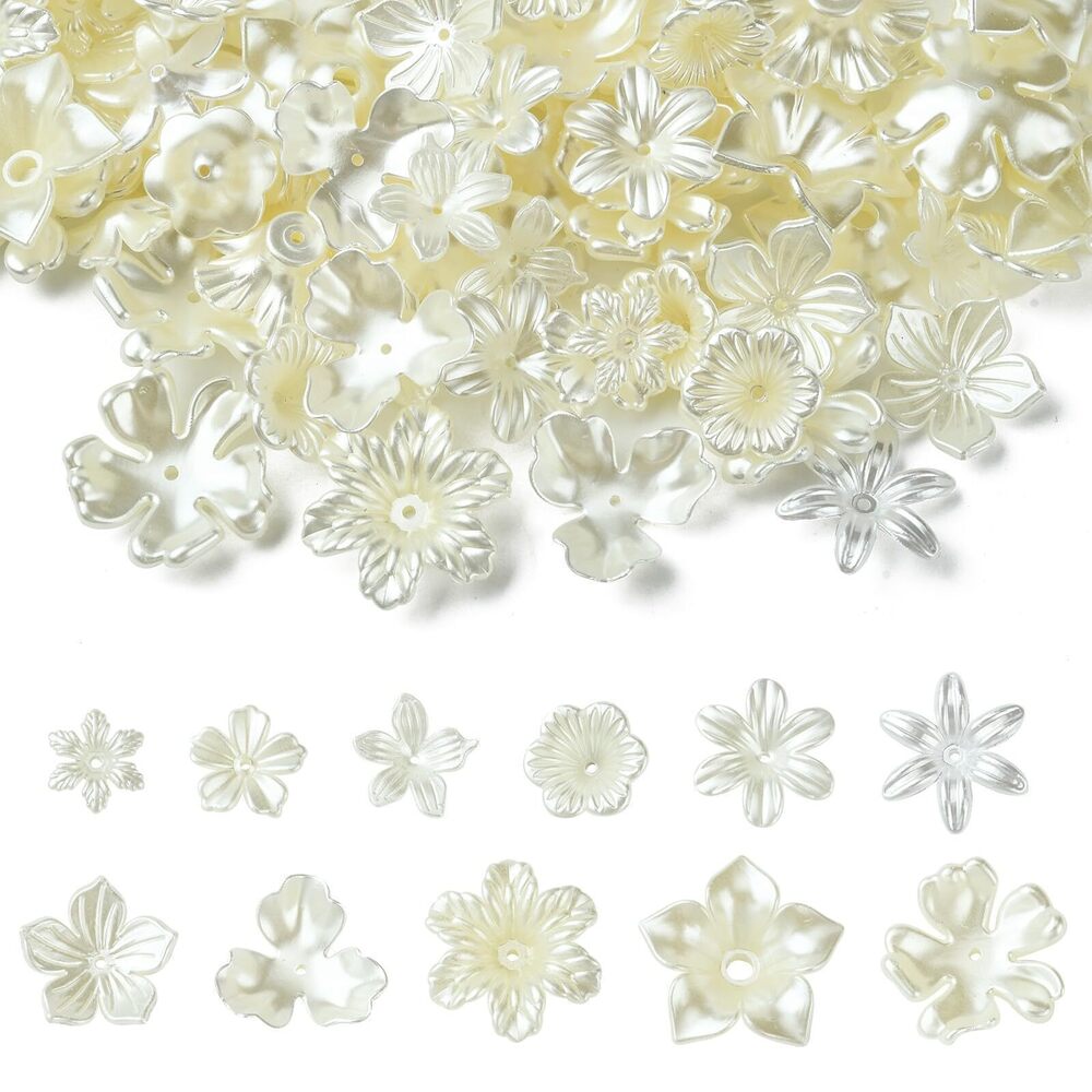 1695 100 Pcs ABS Plastic Imitation Pearl Flower Bead Caps Elegant White